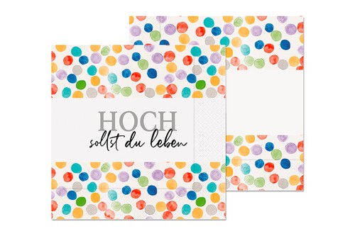20 Servietten Hoch leben - mit buntem Konfetti 33x33cm