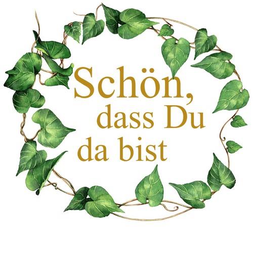 RP 20 Servietten Green Leaves and "Schön" gold - Grüne Blätter um Spruch gold 33x33cm