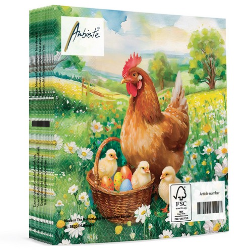 20 Servietten Easter Chick in Meadow - Henne am Korb mit Küken 33x33cm