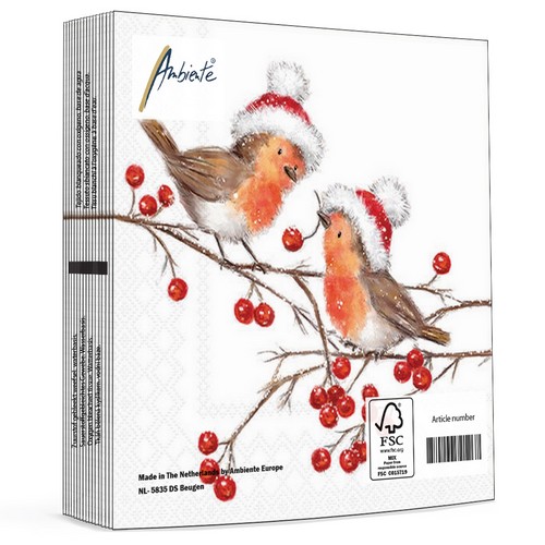 20 Servietten Christmas Robins white - Rotkehlchen mit Weihnachtsmütze 33x33cm