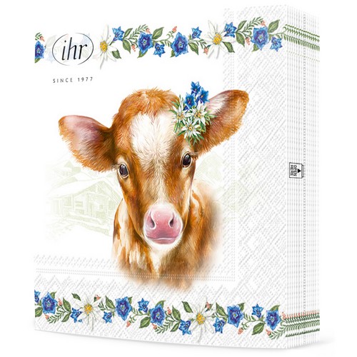 20 Servietten Auf der Alm - Kuh an Edelweissbordüre 33x33cm
