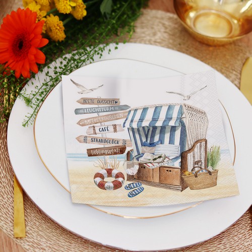 20 Servietten Favourite Beach Chair - Wegeschilder an Strandkorb 33x33cm