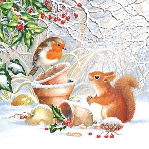 20 Servietten Winter Picture - Eichhörnchen und Vogel auf Futtersuche 33x33cm