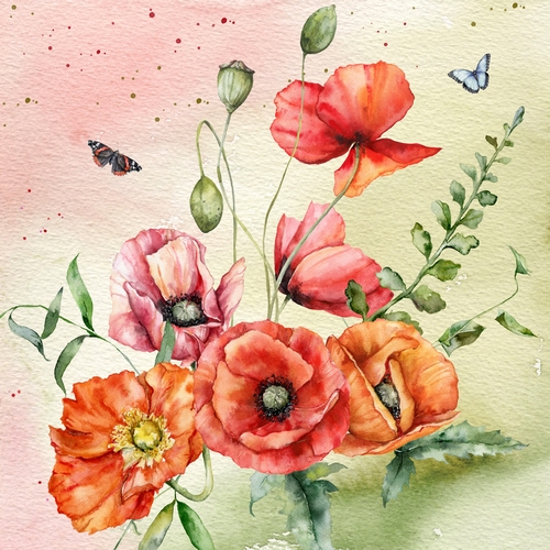 20 Servietten Bouquet of Poppies - Mohnblumen im Bouquet 33x33cm
