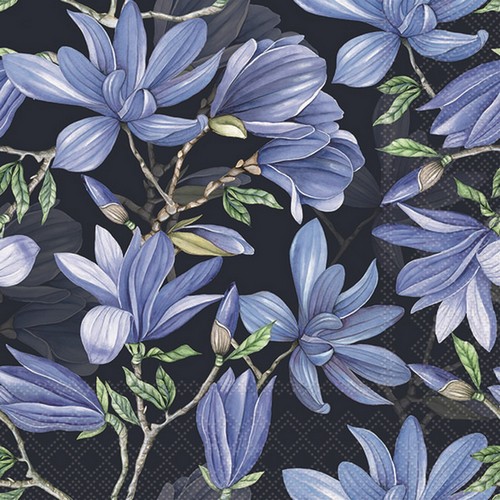 20 Servietten Magnolia Acuminata blue - Magnolien auf dunkelblau 33x33cm