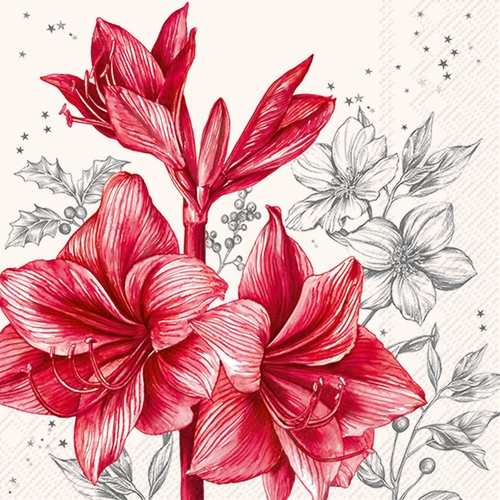20 Servietten Aurelie cream black - Roter Amaryllis und Silhouetten 33x33cm