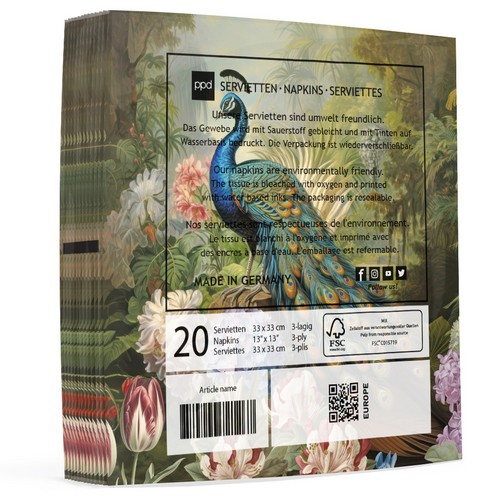 20 Servietten Olympos - Pfau in eleganter Szene 33x33cm