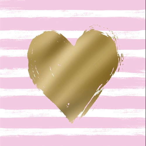 20 Servietten Heart & Stripes rose - Goldenes Herz auf Streifen rosa 33x33cm
