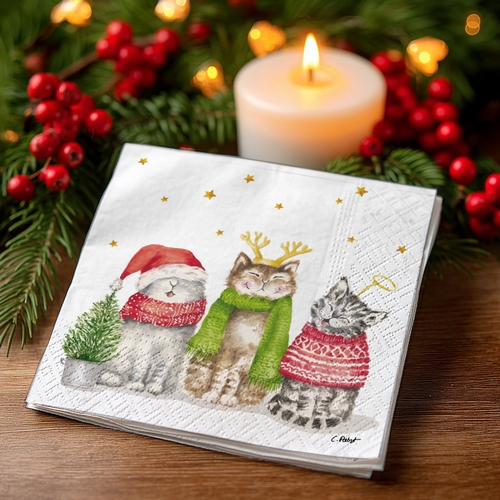 20 kleine Cocktailservietten Sacred Cats - Singende Katzen im Winteroutfit 25x25cm