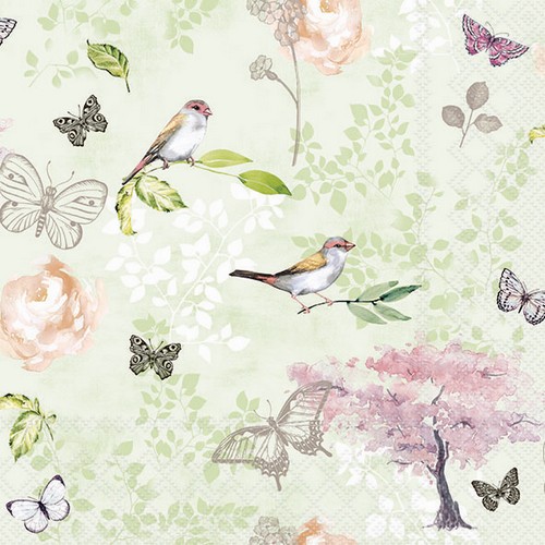 20 Servietten Birds and Butterflies green - Dezente Vögel und Schmetterlinge grün 33x33cm