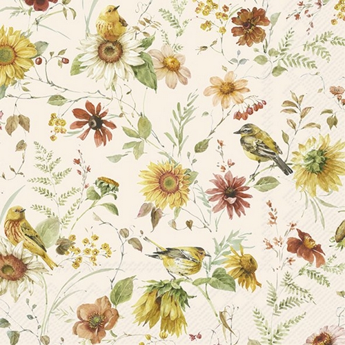 20 Servietten Late Summer Beauties - Gelbe Vögel an Herbstblumen 33x33cm