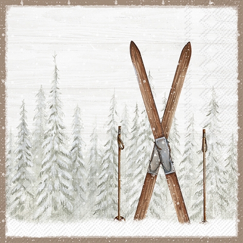 20 Servietten Nordic Winter Ski - Braune Skier im Wald 33x33cm