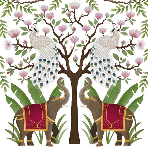 20 Servietten Elephants and Peacocks - Elefanten und Pfauen am Baum 33x33cm
