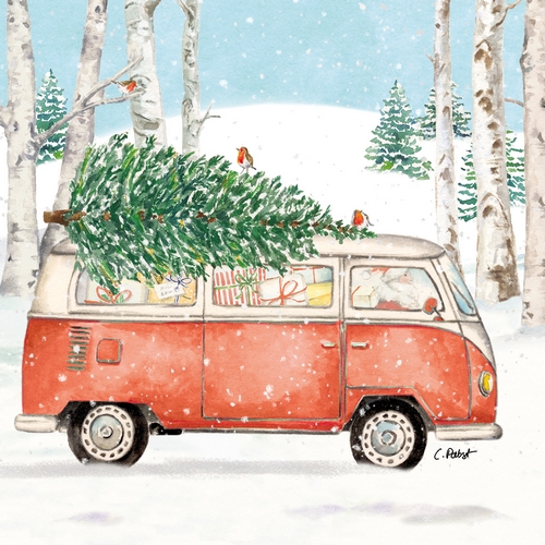 20 Servietten Christmas Bus - Bus im Winterwald 33x33cm