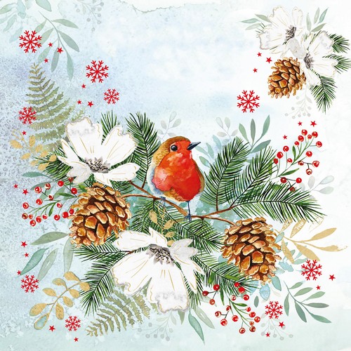 20 Servietten Winter Birdy - Rotkehlchen im Wintergesteck 33x33cm