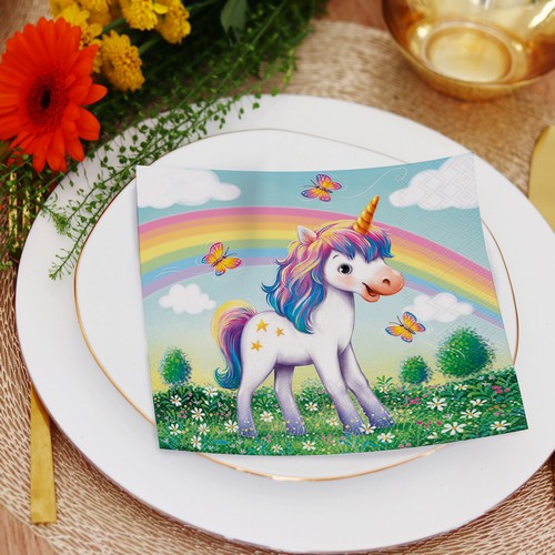 20 Servietten Jolly - Einhorn am bunten Regenbogen 33x33cm