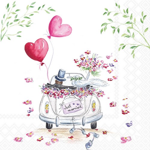 20 Servietten Wedding Car  - Hochzeitsauto mit Ballons 33x33cm