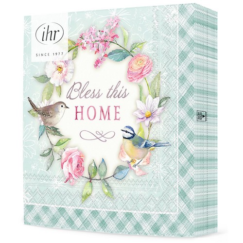 20 Servietten Bless this Home turquoise - Kranz für friedvolles Zuhause 33x33cm