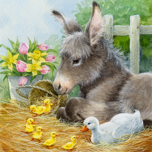 20 Servietten Donkey with cute Chicks - Esel mit Küken 33x33cm
