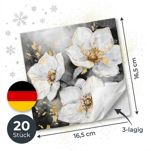20 Servietten Golden Grace black - Weiße Weihnachtsrosen auf schwarz 33x33cm
