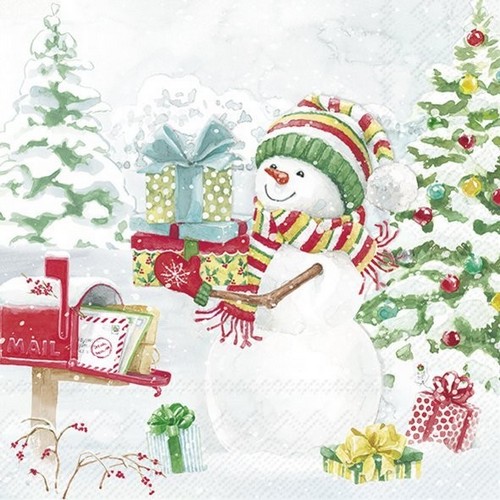 20 Servietten Snowy Day light blue - Schneemann hält Geschenke 33x33cm