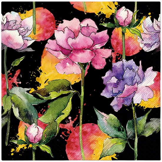20 Servietten Nora Flower black - Bunt gemalte Blumen auf schwarz 33x33cm