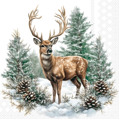 20 Servietten Winter Stag white - Eleganter Hirsch im Winterwald 33x33cm