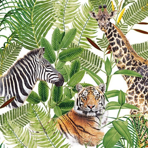 20 Servietten Safari - Dschungeltiere an Blätter 33x33cm