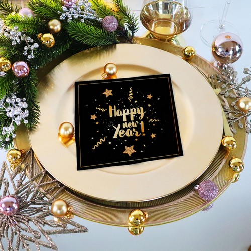 20 Servietten New Year Glitter black - Happy New Year gold auf schwarz 33x33cm