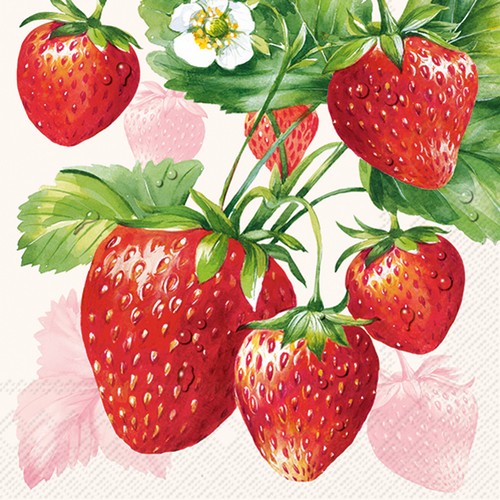 20 Servietten Strawberry Fruits cream - Große Erdbeeren auf creme 33x33cm
