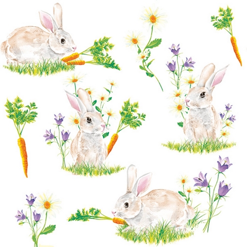 20 Servietten Bunnies with Carrots - Hasen mit Karotten an Blumen 33x33cm