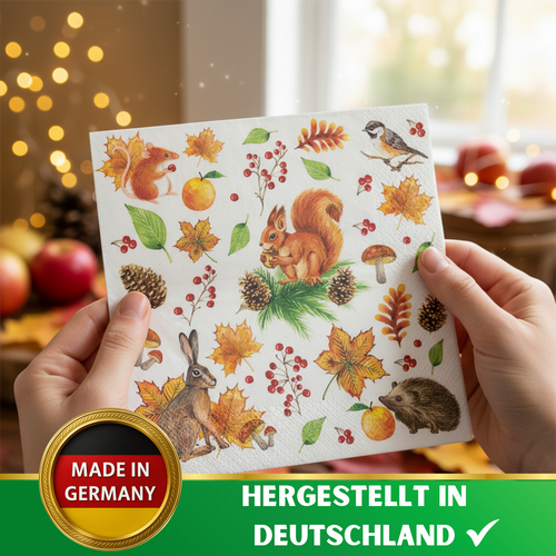 20 Servietten Autumn Moments - Herbstliche Blätter und Tiere  33x33cm