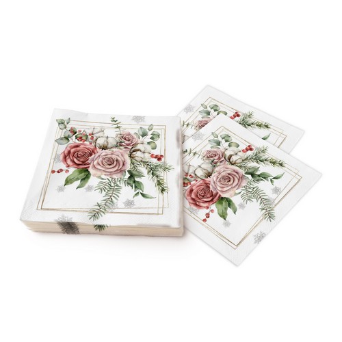 20 Servietten Vinterbukett - Rosen im Naturgesteck 33x33cm
