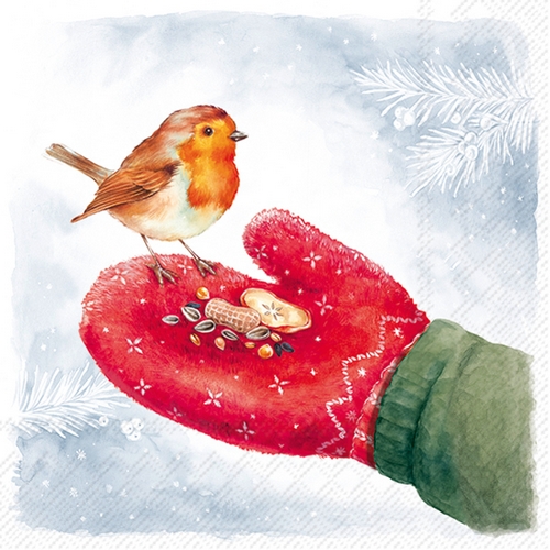 20 Servietten Feeding Robin - Vogel futtert Leckereien im Winter 33x33cm