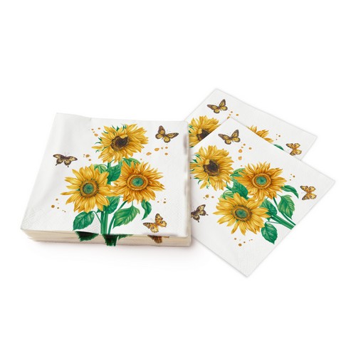 20 Servietten Sunshine Bloom - Sonnenblumen mit Schmetterlinge 33x33cm