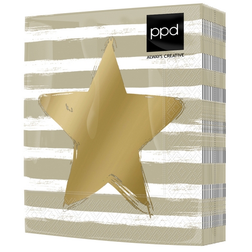 20 Servietten Star & Stripes taupe - Goldener Stern auf Streifen taupe 33x33cm