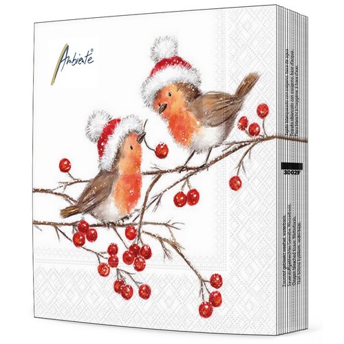 20 Servietten Christmas Robins white - Rotkehlchen mit Weihnachtsmütze 33x33cm