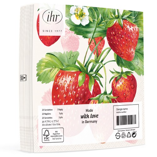 20 Servietten Strawberry Fruits cream - Große Erdbeeren auf creme 33x33cm