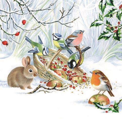 20 Servietten Winter Treat – Wintertiere teilen sich das Futter 33x33cm