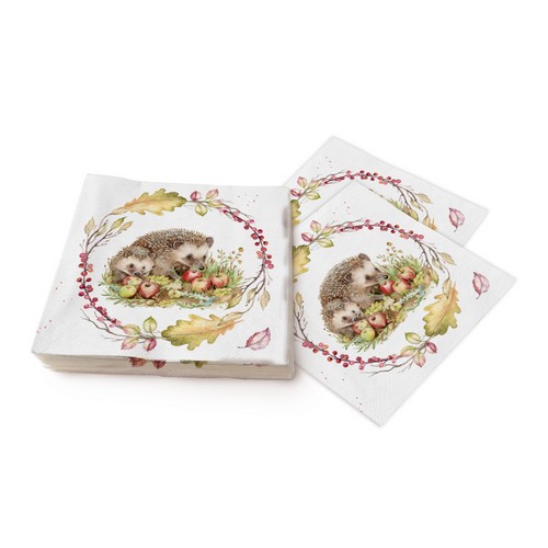 20 Servietten Hedehog Autumn Feast - Igel mit Äpfel im Kranz 33x33cm