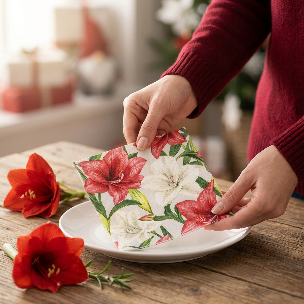 20 Servietten Floral Duo - Weihnachtsblumen rot und weiß 33x33cm