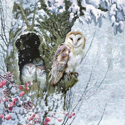 20 Servietten Barn Owl – Eulenfamilie im Baum 33x33cm