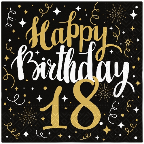 20 Servietten Gold Birthday 18 - Happy Birthday 18 schwarz-gold 33x33cm