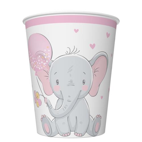 8 Pappbecher Baby Elephant with Pink  Ballon - Elefant mit Ballon rosa 250ml Ø5,5-8cm, H9cm