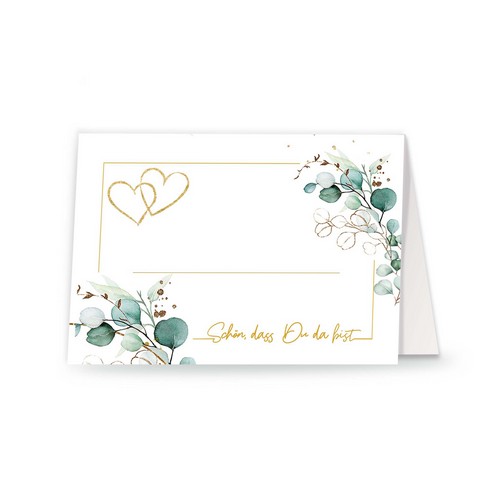 20 Tischkarten Eucalyptus Golden Hearts - Herzen um Eukalyptus weiß A7, 10,5cm, Höhe 7,4cm