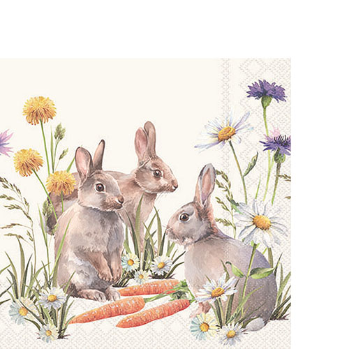 20 kleine Cocktailservietten Carrot Treat - Hasen mit Möhren im Gras 25x25cm