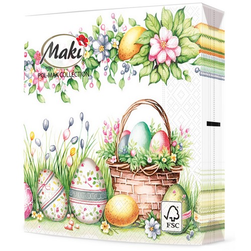 20 Servietten Watercolour Scene with Basket, Eggs & Flowers - Unbekümmerte Osterszene 33x33cm