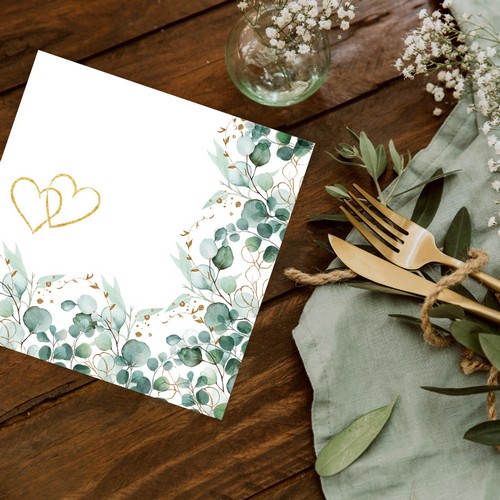 50 Servietten Eucalyptus Frame Hearts - Eukalyptus Bordüre Herzen 40x40cm
