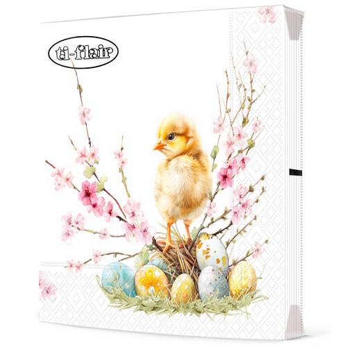 20 Servietten Joli Poussin - Küken an Blüten auf Ostereier 33x33cm