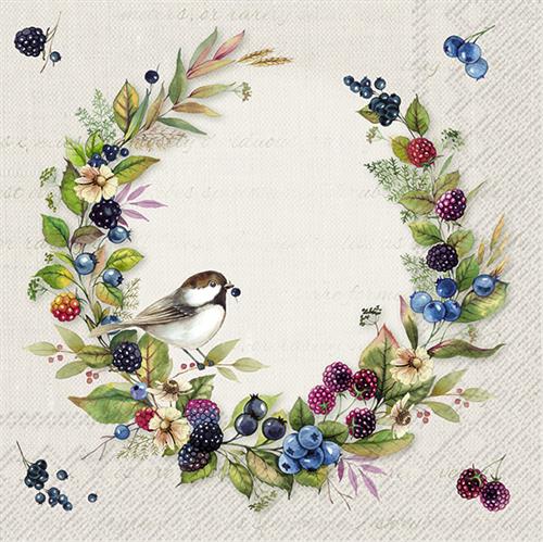 20 Servietten Autumn Fruits cream - Vogel im Beerenkranz 33x33cm